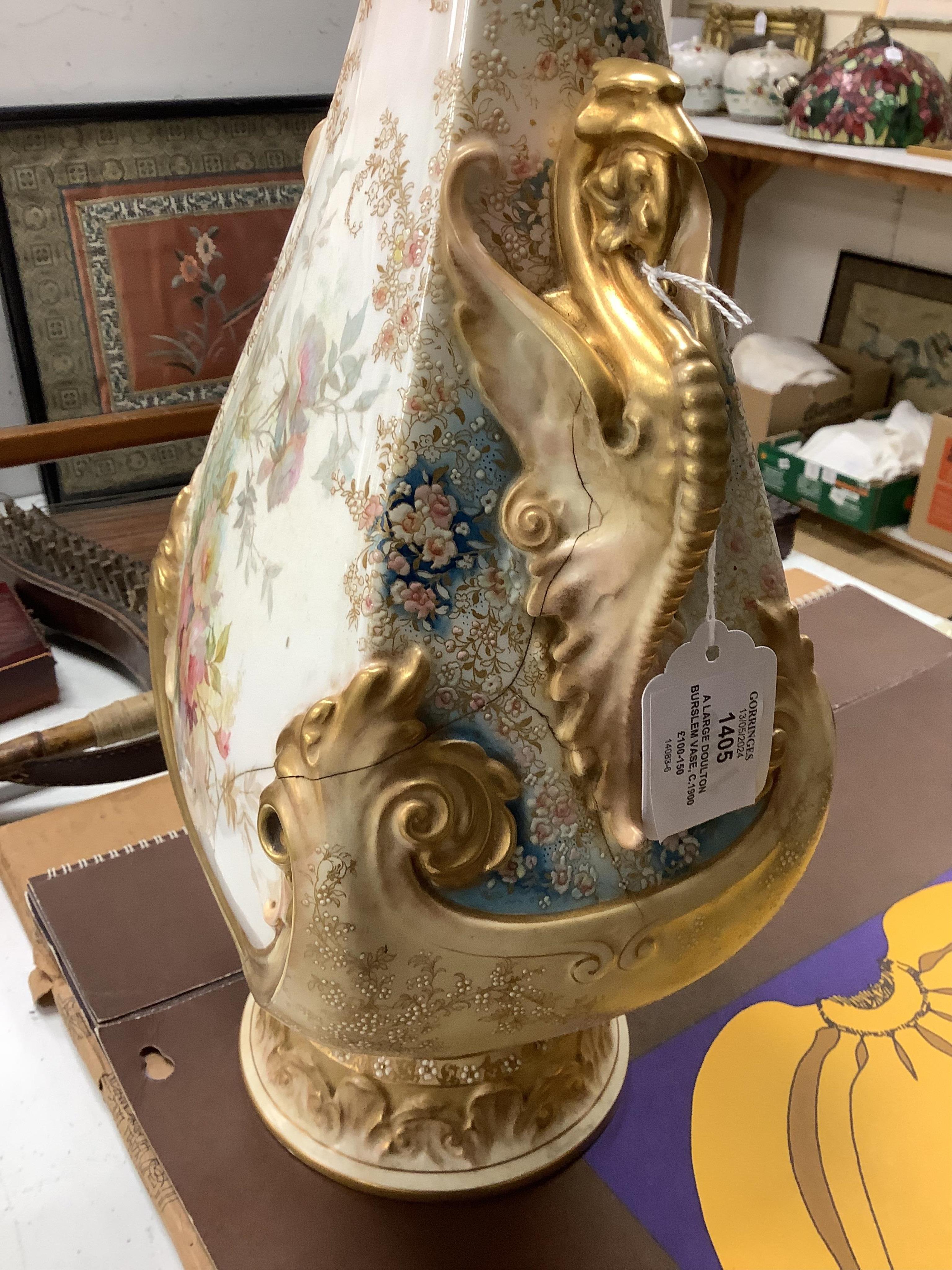 A large Doulton Burslem vase, c.1900 possibly made for Exhibition, a similar lobed vase, a Royal Worcester pot and dish and other ceramics, largest 51cm high (8)